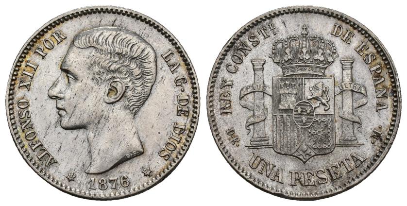330   -  ALFONSO XII. 1 peseta. 1876 *18-76. Madrid. DEM. AR 5,00 g. 23 mm. VII-57. Leve plata agria. R.B.O. EBC-.