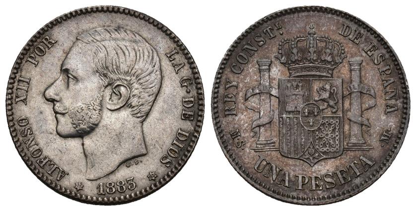 333   -  ALFONSO XII. 1 peseta. 1883 *18-83. Madrid. MSM. AR 4,93 g. 22,9 mm. VII-60. Pátina en rev. EBC-.