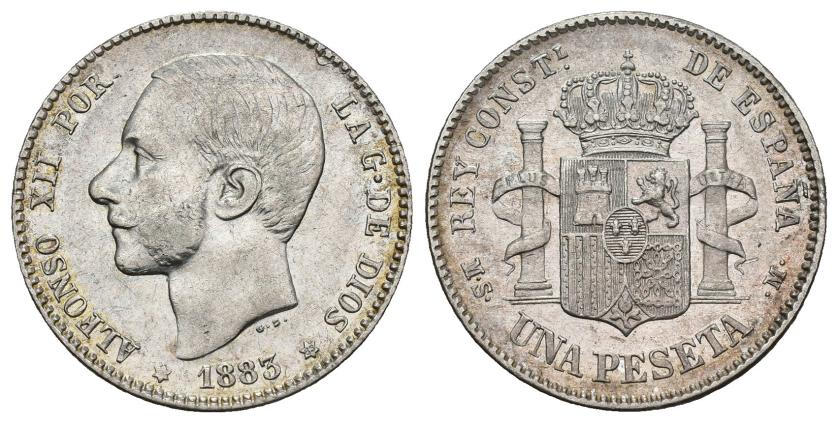 334   -  ALFONSO XII. 1 peseta. 1883 *--83. Madrid. MSM. AR 4,96 g. 23 mm. VII-60. R.B.O. MBC+/EBC-.