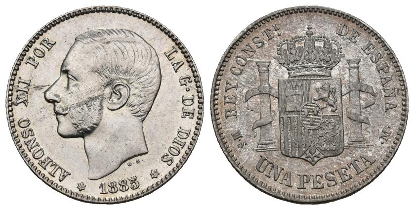 336   -  ALFONSO XII. 1 peseta. 1885 *18-85. Madrid. MSM. AR 4,98 g. 23 mm. VII-62. Anv. limpiado. MBC+/EBC-.
