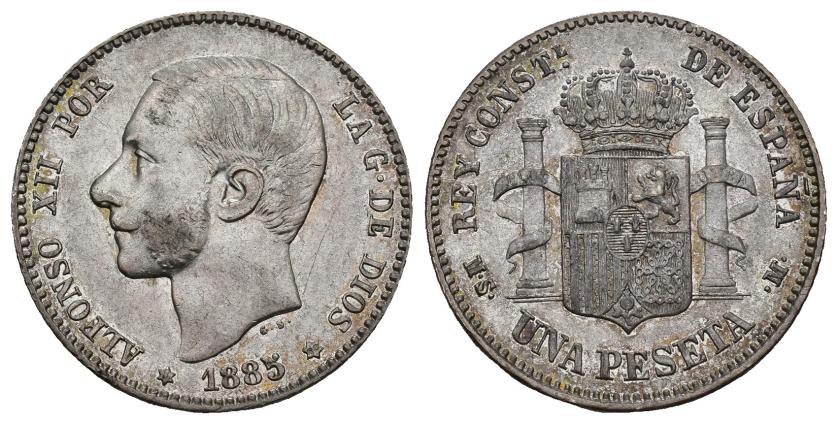 337   -  ALFONSO XII. 1 peseta. 1885 *18-86. Madrid. MSM. AR 5,02 g. 23 mm. VII-63. R.B.O. EBC-. Escasa.