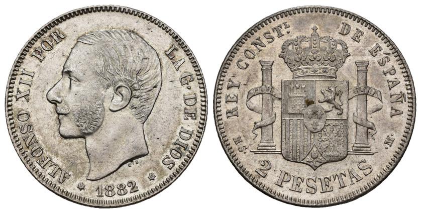 338   -  ALFONSO XII. 2 pesetas. 1882*18-82. Madrid. MSM. AR 10,02 g. 27 mm. VII-72. B.O. EBC+.