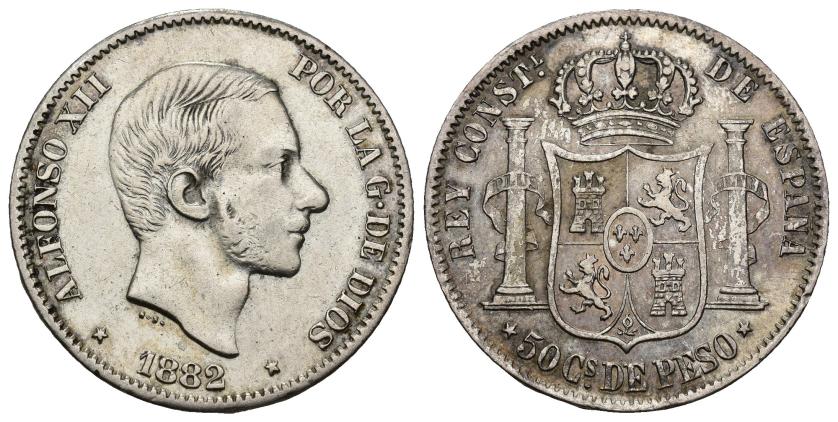 341   -  ALFONSO XII. 50 centavos de peso. 1882. Manila. AR 12,91 g. 29,8 m. VII-77. MBC+.