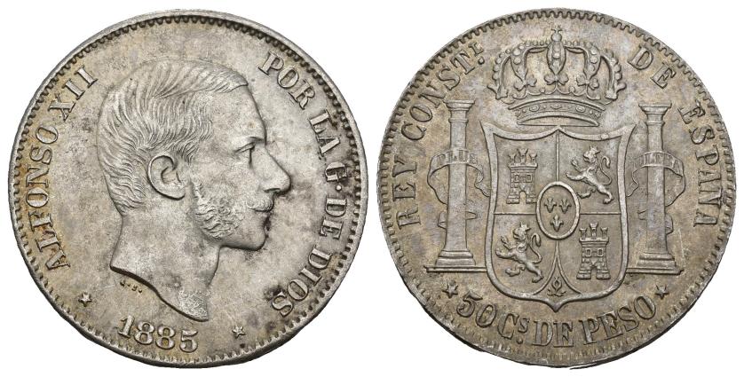 343   -  ALFONSO XII. 50 centavos de peso. 1885. Manila. AR 12,77 g. 29,5 mm. VII-80. EBC/EBC+.