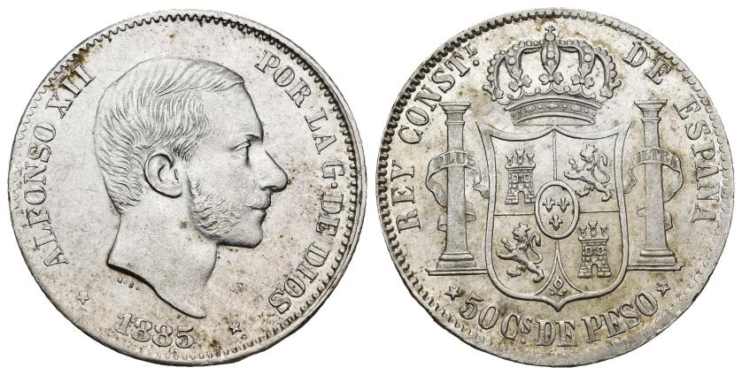 344   -  ALFONSO XII. 50 centavos de peso. 1885. Manila. AR 12,93 g. 29,5 mm. VII-80. R.B.O. EBC.