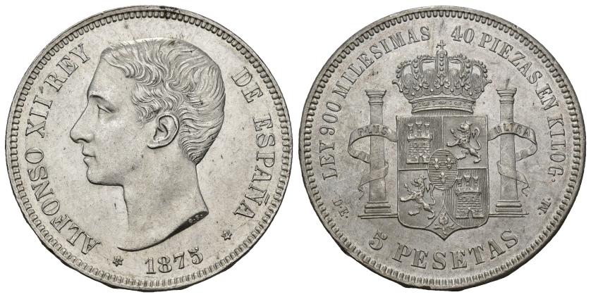 345   -  ALFONSO XII. 5 pesetas. 1875 *18-75. Madrid. DEM. AR 25,03 g. 37,7 mm. VII-81. B.O. SC.
