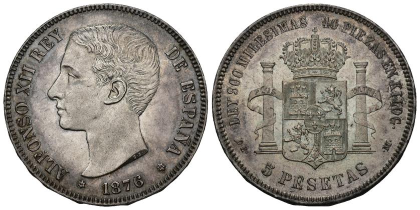346   -  ALFONSO XII. 5 pesetas. 1876. Madrid. DEM. AR 24,95 g. 37,4 mm. VII-82. Ligera pátina. B.O. SC/EBC+.