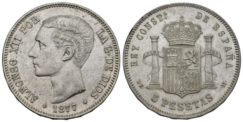 347   -  ALFONSO XII. 5 pesetas. 1877 *18-77. Madrid. DEM. AR 24,95 g. 37,2 mm. VII-83. B.O. EBC+.