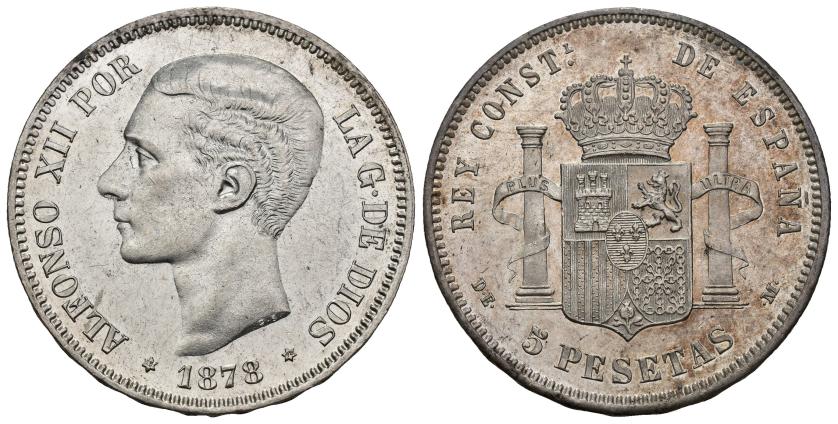 348   -  ALFONSO XII. 5 pesetas. 1878 *18-78. Madrid. DEM. AR 25,03 g. 37,6 mm. VII-84. Pleno B.O. SC.