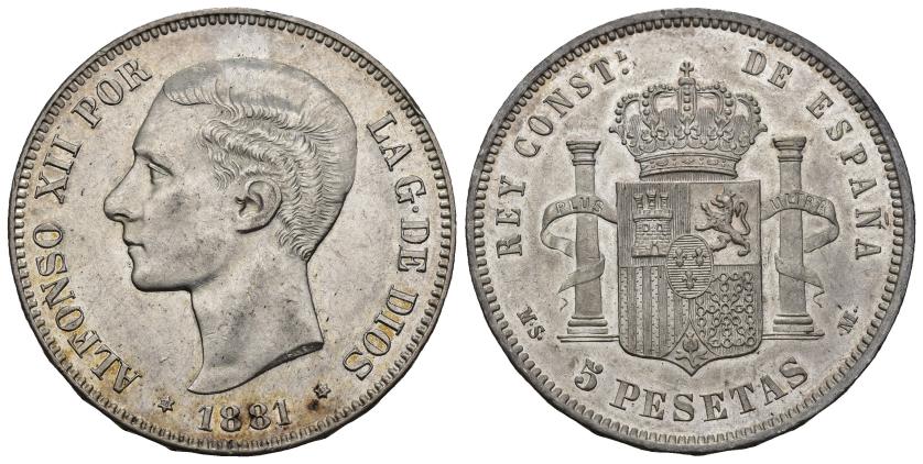 351   -  ALFONSO XII. 5 pesetas. 1881 *18-81. Madrid. MSM. AR 24,89 g. 37,5 mm. VII-87. B.O. EBC+. Rara en esta conservación. 