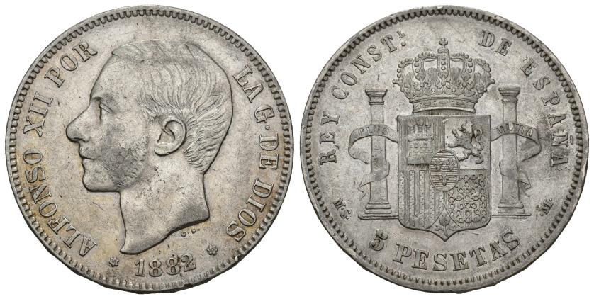 353 - ALFONSO XII. 5 pesetas. 1882/1 *18-82/1. Madrid. MSM. AR 24,8 g. 37,3 mm. VII-88.1. MBC/MBC+.