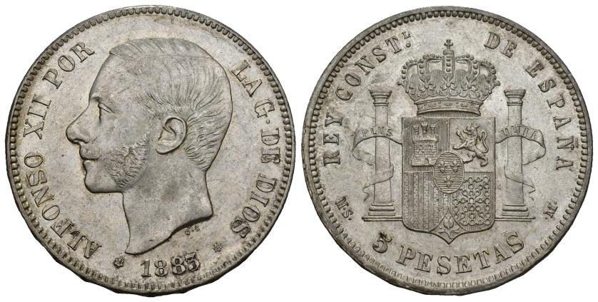 354   -  ALFONSO XII. 5 pesetas. 1883 *18-83. Madrid. MSM. AR 24,95 g. 37,5 mm. VII-89. B.O. EBC/EBC+.