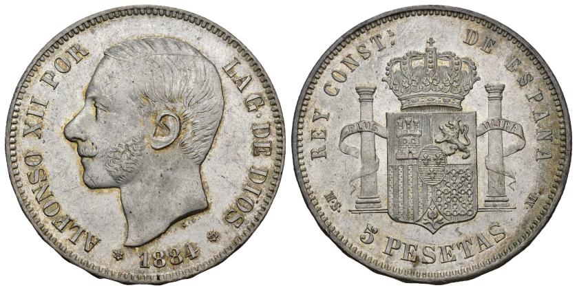 355   -  ALFONSO XII. 5 pesetas. 1884 *18-84. Madrid. MSM. AR 24,96 g. 37,5 mm. VII-90. B.O. EBC+/SC.