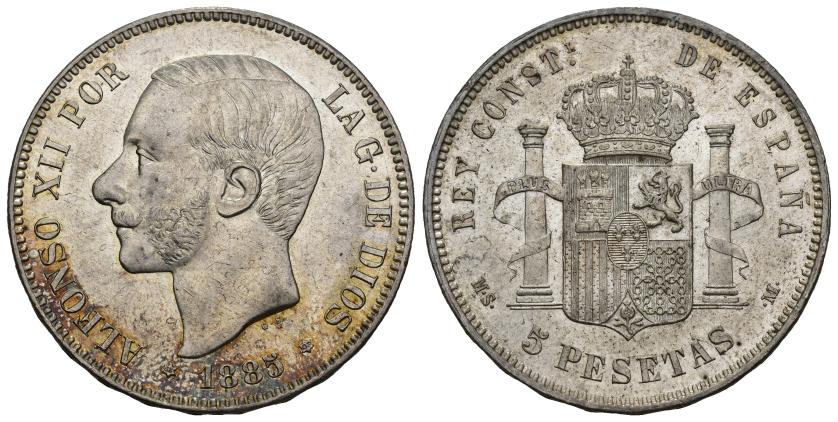 356   -  ALFONSO XII. 5 pesetas. 1885 *18-85. Madrid. MSM. AR 25,08 g. 37,5 mm. VII-91. B.O. EBC+.