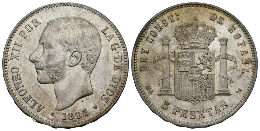 358   -  ALFONSO XII. 5 pesetas. 1885 *18-87. Madrid. MSM. AR 25,08 g. 37,5 mm. VII-93. B.O. EBC/EBC+.