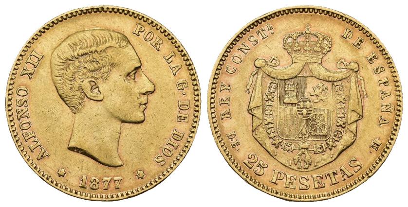 359   -  ALFONSO XII. 25 pesetas. 1877 *1--7--. Madrid. DEM. AU 8,05 g. 23,9 mm. VII-104. MBC+.