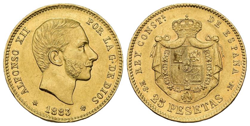 360   -  ALFONSO XII. 25 pesetas. 1883 *18-83. Madrid. MSM. AU 8,08 g. 24 mm. VII-112. Golpecito en canto. R.B.O. EBC/EBC-.