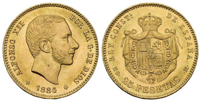 361   -  ALFONSO XII. 25 pesetas. 1884 *18-84. Madrid. MSM. AU 8,07 g. 24 mm. VII-113. B.O. SC.