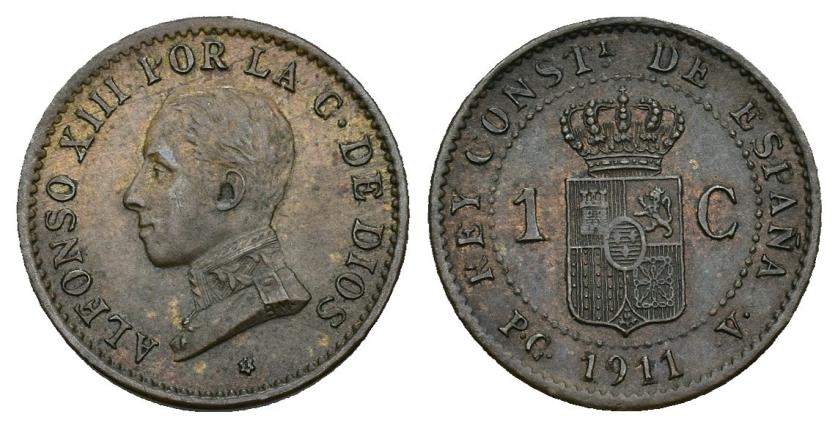 365   -  ALFONSO XIII. 1 céntimo. 1911*1. Madrid. PCV. Cu 0,92 g. 15,2 mm. VII-128. R.B.O. EBC-/MBC+.