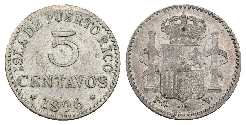 366   -  ALFONSO XIII. 5 centavos de peso. 1896. Puerto Rico. PGV. Cu 1,27 g. 16 mm. VII-139. Golpecitos en anv. MBC-/BC+.