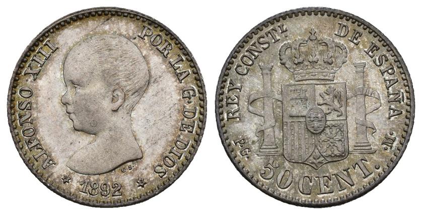 367   -  ALFONSO XIII. 50 céntimos. 1892*9-2. Madrid. PGM. AR 2,47 g. 18,1 mm. VII-141. B.O. SC.