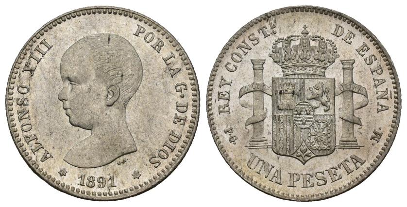 369   -  ALFONSO XIII. 1 peseta. 1891 *18-91. Madrid. PGM. AR 5,11 g. 22,9 mm. VII-151. Pequeñas marcas. B.O. SC.