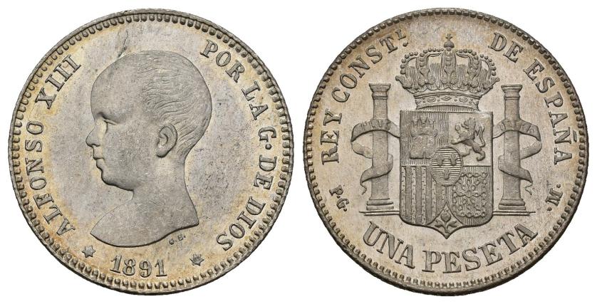 370   -  ALFONSO XIII. 1 peseta. 1891 *-91. Madrid. PGM. AR 4,93 g. 22,9 mm. VII-151. B.O. SC.