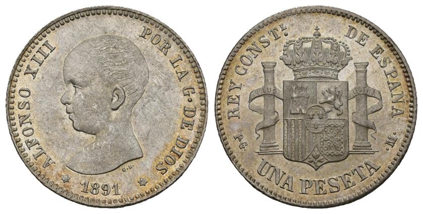 371   -  ALFONSO XIII. 1 peseta. 1891 *-91. Madrid. PGM. AR 5,12 g. 22,9 mm. VII-151. B.O. SC.