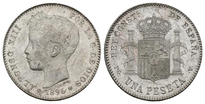 372   -  ALFONSO XIII. 1 peseta. 1896 *18-96. Madrid. PGV. AR 5,06 g. 22,9 mm. VII-154. B.O. SC.