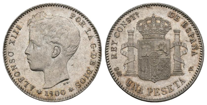 375   -  ALFONSO XIII. 1 peseta. 1900 *19-00. Madrid. SMV. AR 4,98 g. 22,9 mm. VII-156. B.O. SC.