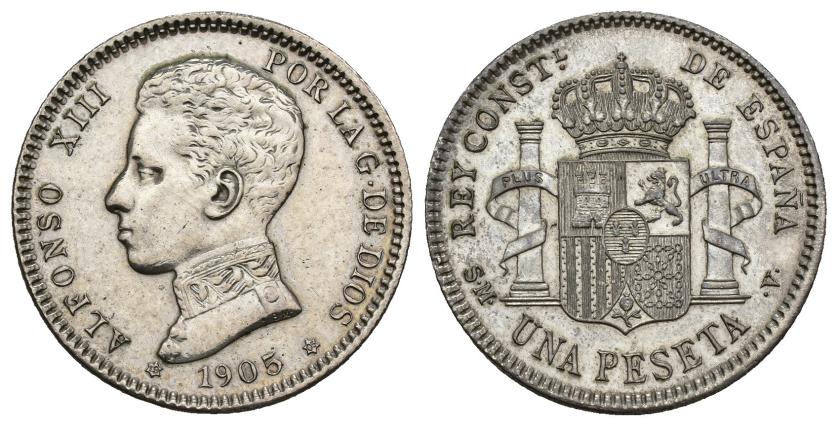 379   -  ALFONSO XIII. 1 peseta. 1905 *19-05. Madrid. SMV. AR 5,04 g. 22,9 mm. VII-161. EBC-. Rara en esta conservación.