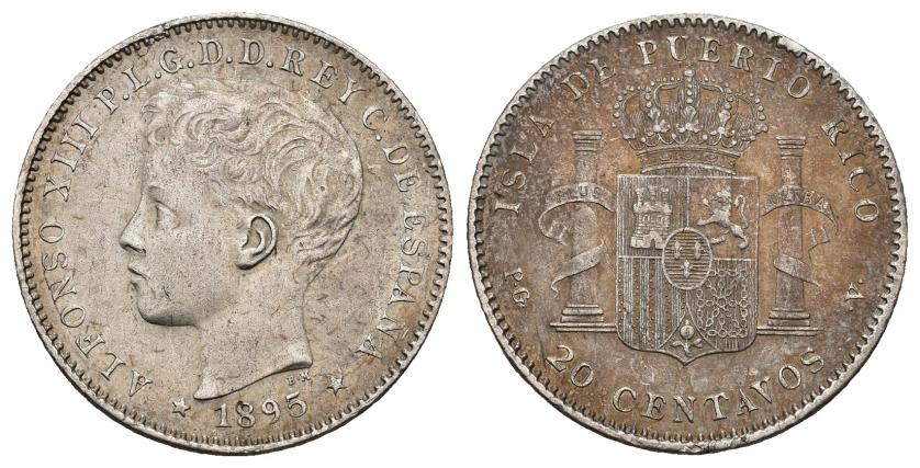 381   -  ALFONSO XIII. 20 centavos de peso. 1895. Puerto Rico. PGV. AR 4,97 g. 23 mm. VII-170. EBC-. 