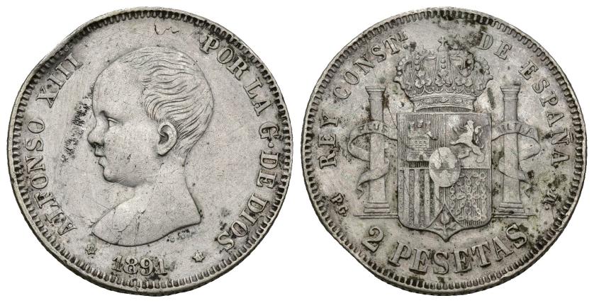 382 - ALFONSO XIII. 2 pesetas. 1891*18-91. Madrid. PGM. AR 10,00 g. 27,1 mm. VII-172. Rayitas, leves oxidaciones y golpe en canto. MBC+. Escasa.