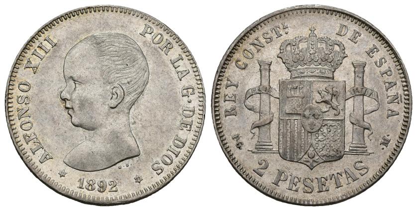 383   -  ALFONSO XIII. 2 pesetas. 1892*18-92. Madrid. PGM. AR 10,08 g. 27,1 mm. VII-173. R.B.O. EBC.