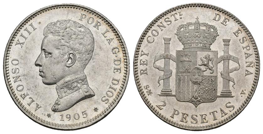 384   -  ALFONSO XIII. 2 pesetas. 1905*19-05. Madrid. SMV. AR 10,08 g. 27 mm. VII-175. B.O. SC.