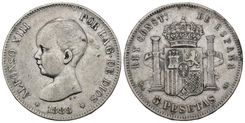 385   -  ALFONSO XIII. 5 pesetas. 1888 *18-88. Madrid. MSM. AR 24,84 g. 37,4 mm. VII-177. Pequeñas marcas. MBC/MBC-. Rara.