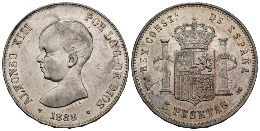 386   -  ALFONSO XIII. 5 pesetas. 1888 *18-88. Madrid. MPM. AR 25,04 g. 37,5 mm. VII-178. B.O. EBC+.