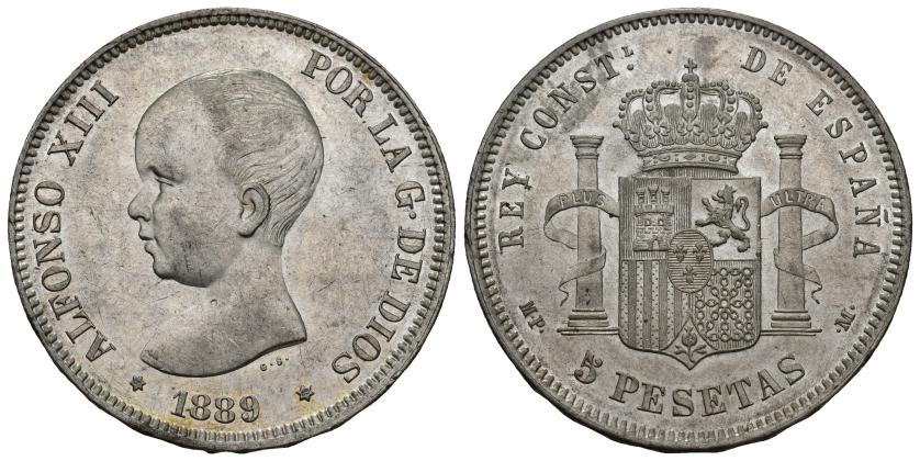 387   -  ALFONSO XIII. 5 pesetas. 1889 *18.89. Madrid. MPM. AR 24,92 g. 37,9 mm. VII-179. Pequeñas marcas. B.O. SC.