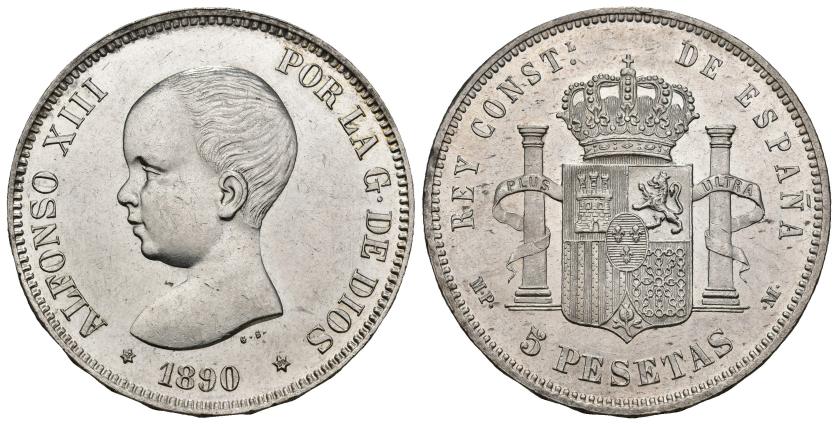 388   -  ALFONSO XIII. 5 pesetas. 1890 *18-90. Madrid. MPM. AR 25,24 g. 37,4 mm. VII-180. B.O. EBC+/SC.