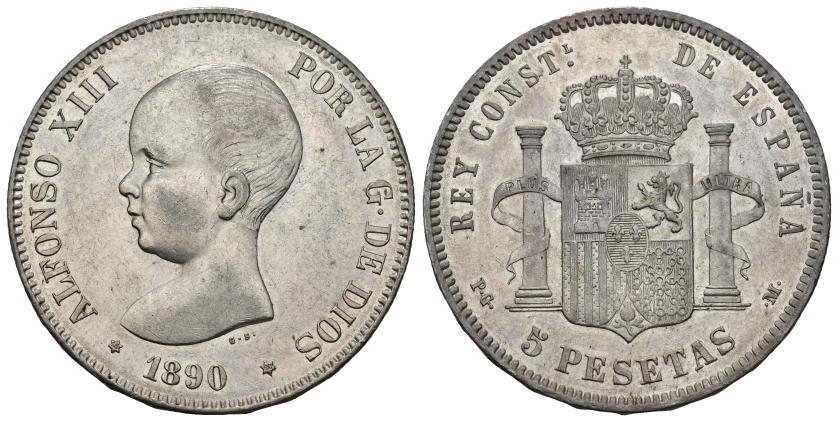 389   -  ALFONSO XIII. 5 pesetas. 1890 *18-90. Madrid. PGM. AR 24,88 g. 37,4 mm. VII-181. B.O. EBC+.
