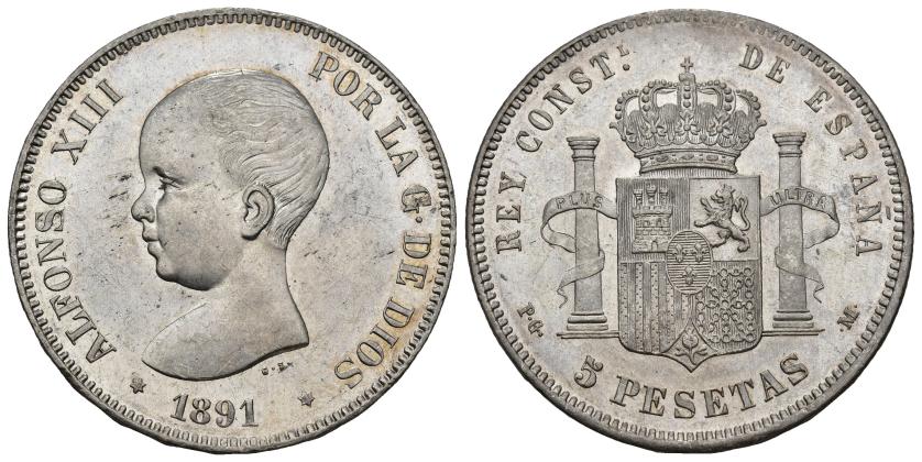 390   -  ALFONSO XIII. 5 pesetas. 1891 *18-91. Madrid. PGM. AR 24,84 g. 37,3 mm. VII-182. B.O. EBC+/SC.