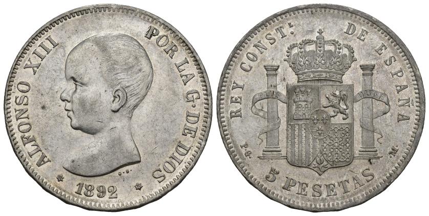 391   -  ALFONSO XIII. 5 pesetas. 1892*18-92. Madrid. PGM. AR 24,98 g. 37,6 mm. VII-183. B.O. EBC+.