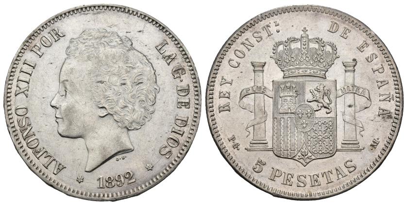 392   -  ALFONSO XIII. 5 pesetas. 1892*18-92. Madrid. PGM. AR 24,79 g. 37,1 mm. VII-184. Pequeñas marcas. R.B.O. EBC/EBC+.