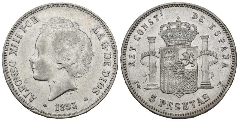 394   -  ALFONSO XIII. 5 pesetas. 1893 *18-93. Madrid. PGV. AR 24,95 g. 37,3 mm. VII-186. MBC+/EBC-.