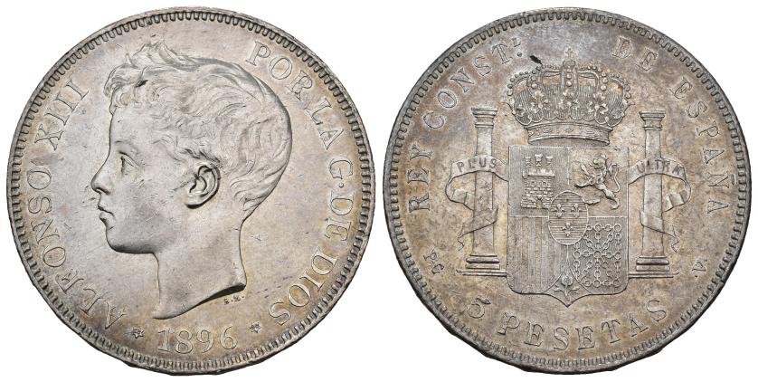 396   -  ALFONSO XIII. 5 pesetas. 1896 *18-96. Madrid. PGV. AR 24,86 g. 37,3 mm. VII-188. Pequeñas marcas. EBC+.