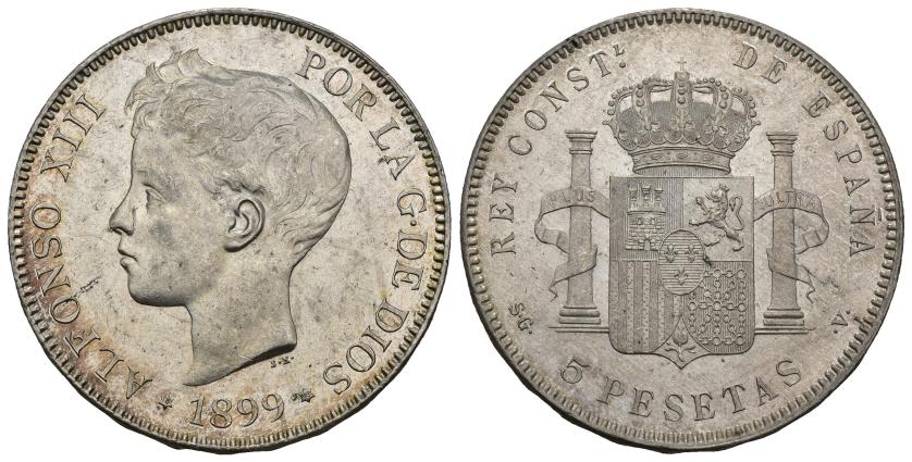398   -  ALFONSO XIII. 5 pesetas. 1899 *18-99. Madrid. SGV. AR 25,10 g. 37,4 mm. VII-191. B.O. SC.