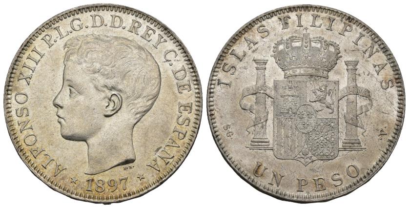 399   -  ALFONSO XIII. 1 peso. 1897. Manila. SGV. AR 25,00 g. 37,3 mm. VII-192. R.B.O. SC.