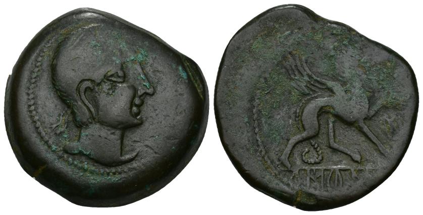 4   -  HISPANIA ANTIGUA. KASTILO-CASTULO. As. A/ Cabeza masculina diademada a der. R/ Esfinge avanzando a der., delante Ko, debajo KaSTiLO. AE 30,14 g. 33,8 mm. I-697. ACIP-2113. Vanos. Pátina verde. MBC. Rara.