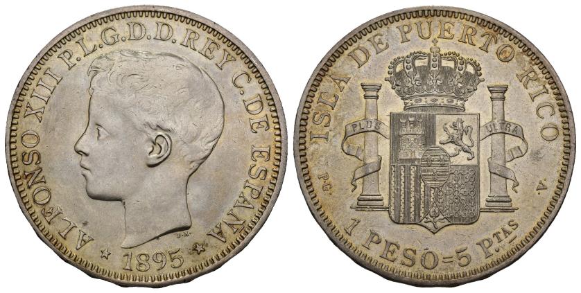 400   -  ALFONSO XIII. 1 peso. 1895. Puerto Rico. PGV. AR 24,95 g. 37,4 mm. VII-193. R.B.O. EBC/EBC+.