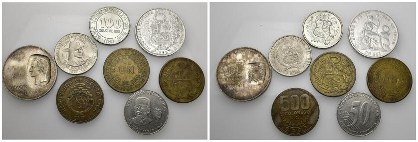 411   -  MONEDAS EXTRANJERAS. Lote de 8 monedas, dos de ellas de plata. Costa Rica, Ecuador, Perú (5) y Venezuela. De MBC- a SC.